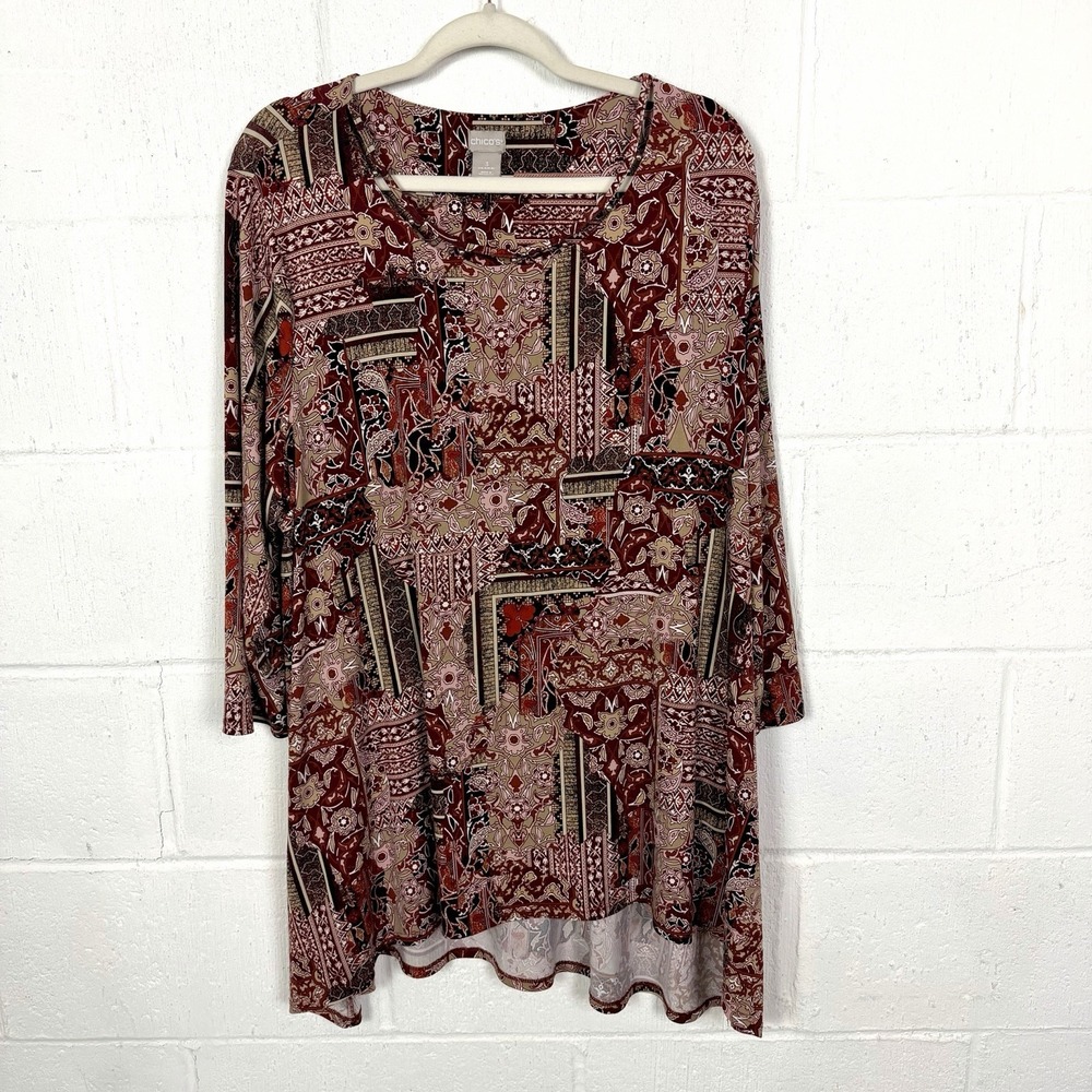 Chicos Womens Tunic Top Size XL Floral Beaded Artsy Maximalist Career Stretch
